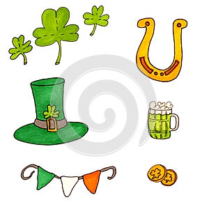 Set for st Patrick`s day celebration. Collection of festive icons. Hand drawn sketch