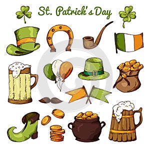 Set of St.Patrick's Day elements. Hand drawn collection of icons. Vector symbols on white background for your design