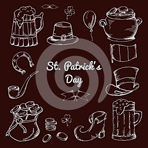 Set of St.Patrick's Day elements. Hand drawn collection of icons. Vector symbols on white background for your design
