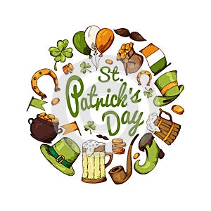 Set of St.Patrick's Day elements. Hand drawn collection of icons. Vector symbols on white background for your design