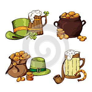 Set of St. Patrick's Day elements. Hand drawn collection of icons. Vector symbols on white background for your design