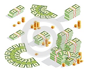 Set of stack of banknotes, golden coins, money fan, cash