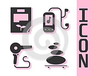 Set Stack hot stones, Leaf document, Hair dryer and Music player icon. Vector