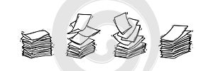 Set of stack of paper pages line art. Blank sheets. Hand drawn doodle vector illustration. Doodle paper heap. Contract document