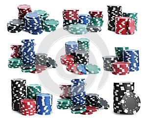 Set with stacks of different casino chips on white background. Poker game