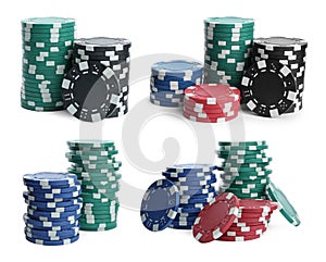 Set with stacks of different casino chips on white background. Poker game