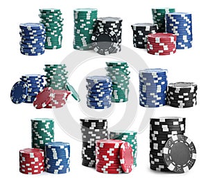 Set with stacks of different casino chips on white background. Poker game