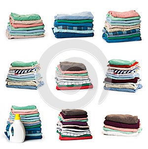 Set of Stacks of folded clothes on white background