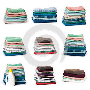 Set of Stacks of folded clothes on white background