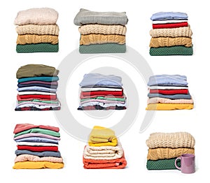 Set of Stacks of folded clothes on white background