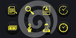 Set Stacks paper money cash, Clock with arrow, Dollar plant in the pot, Man headset, Resume and Magnifying glass icon