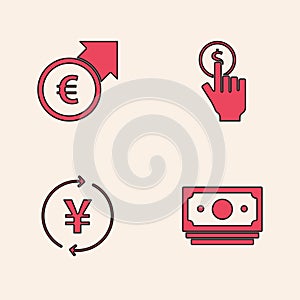 Set Stacks paper money cash, Financial growth and euro, Hand holding coin and Coin with Yen icon. Vector