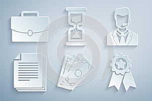 Set Stacks paper money cash, Man with headset, Document, Medal star, Old hourglass and Briefcase icon. Vector