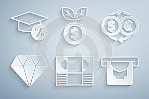 Set Stacks paper money cash, Money exchange, Diamond, ATM and, Dollar plant and Graduation cap coin icon. Vector