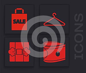 Set Stacks paper money cash, Shoping bag with Sale, Hanger wardrobe and Gift box icon. Vector