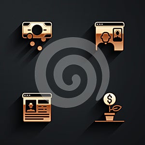 Set Stacks paper money cash, Video chat conference, Resume and Dollar plant icon with long shadow. Vector