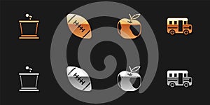 Set Stage stand, American football ball, Apple and School Bus icon. Vector