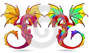 Stained glass illustration with bright winged dragons, isolates on white background photo