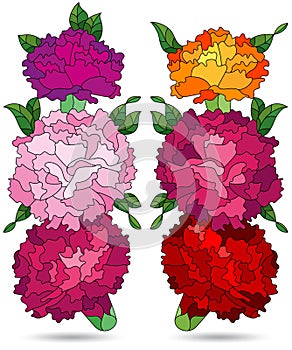 Set of stained glass illustrations with bouquets of carnations, flowers isolated on a white background