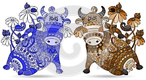 Set of stained glass illustrations with cute cartoon cows, animals isolated on a white background