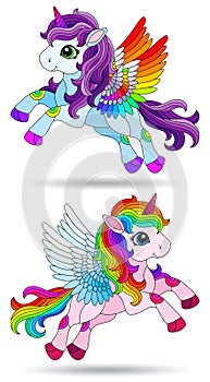 Set of stained glass illustrations with cute cartoon unicorns , animals isolated on a white background