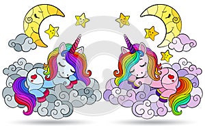 Set of stained glass illustrations with cute cartoon unicorns and the moon, animals isolated on a white background