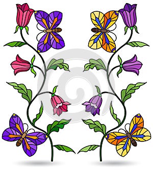 A set of stained glass illustrations with a flowers and butterflies, dark contours on white background