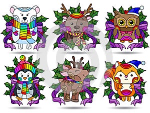 Set of stained glass illustrations on the theme of Christmas and New Year with cute toy animals