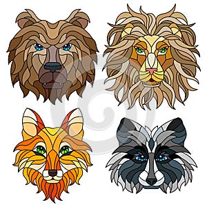 Stained glass set with animal heads, a Fox, a lion, a bear and a raccoon, isolates on white background photo