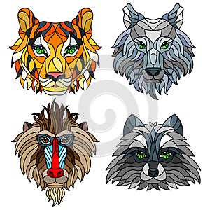 Stained glass set with animal heads, a wolf, a tiger, a monkey and a raccoon, isolates on white background photo