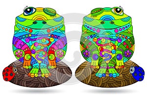 Set of stained glass-style illustrations with cute cartoon frogs, animals isolated on a white background
