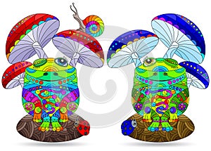 Set of stained glass-style illustrations with cute cartoon frogs, animals isolated on a white background