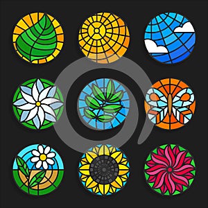 Set of stained glass summer icons - Stock vector illustration.