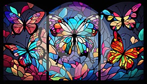 Set of stained glass window with abstract butterfly and flowers, vector illustration