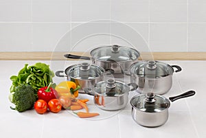 Set of stainless pots and pan