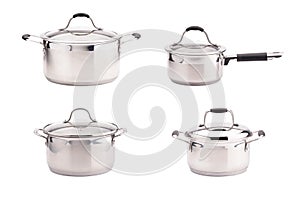 Set of stainless steel saucepans isolated on white background