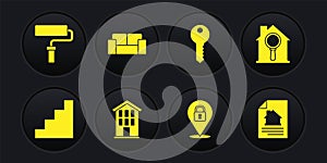 Set Staircase, Search house, House, Location lock, key, Sofa, contract and Paint roller brush icon. Vector