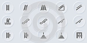 Set of Staircases Line Icon. Climb Up or Go Down on Steps. Stairs Linear Pictogram. Ladder, Elevator, Stairway