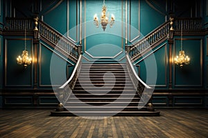 A set of stairs leading up to a set of chandeliers. AI.