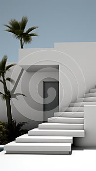 A set of stairs leading up to a white building, AI
