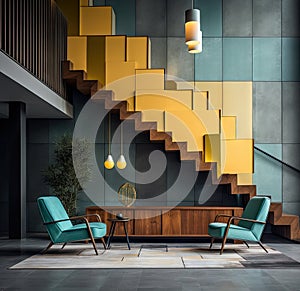 a set of stairs in a lobby with two chairs