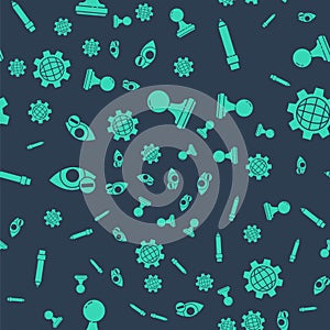 Set Stamp, Pencil with eraser, Red eye effect and Globe of the Earth and gear on seamless pattern. Vector
