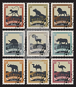 Set of stamps with different animals