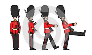 A set of standing and marching royal guards in bear hats, a symbol of London