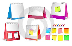 Set of standing paper desk calendar or realistic blank spiral table calendars concept.