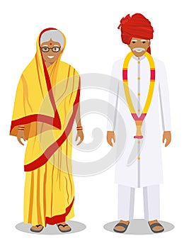 Set of standing together old indian man and woman in the traditional clothing isolated on white background in flat style