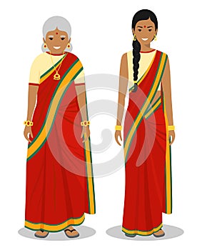 Set of standing together old and young indian woman in the traditional clothing isolated on white background in flat style.