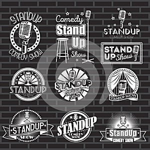 Set of standup comedy show white labels and logos with black background. Vector badges and stickers