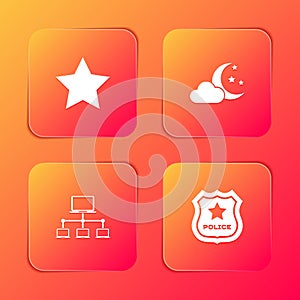 Set Star, Cloud with moon and stars, Computer network and Police badge icon. Vector
