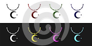 Set Star and crescent on chain - symbol of Islam icon isolated on black and white background. Religion symbol. Vector